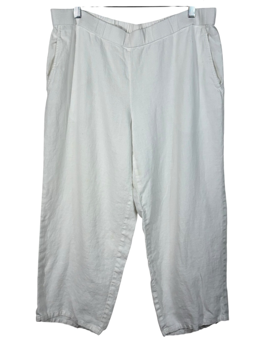 Eileen Fisher White 100% Linen Elastic Waist Breathable Capri Crop Pants Large L